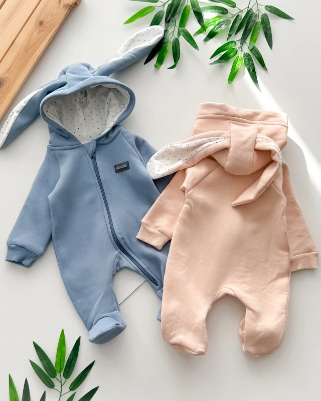 Rabbit ear kapüşon içi puantiye detaylı boydan fermuar ayaklı kışlık tulum