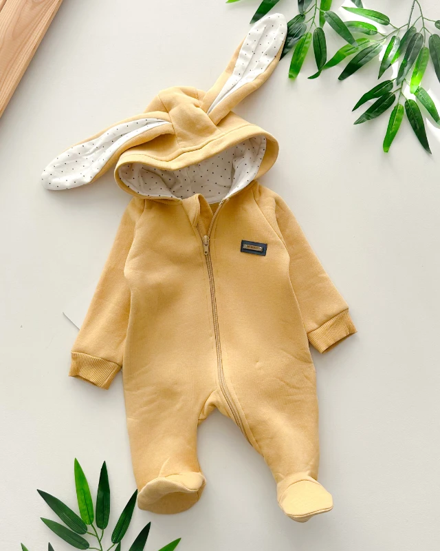 Rabbit ear kapüşon içi puantiye detaylı boydan fermuar ayaklı kışlık tulum