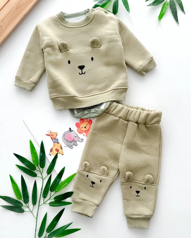 Şirin ayı surat kulak kabartmalı cizgili çıtçıt badili şardonlu kışlık 3 parça takım