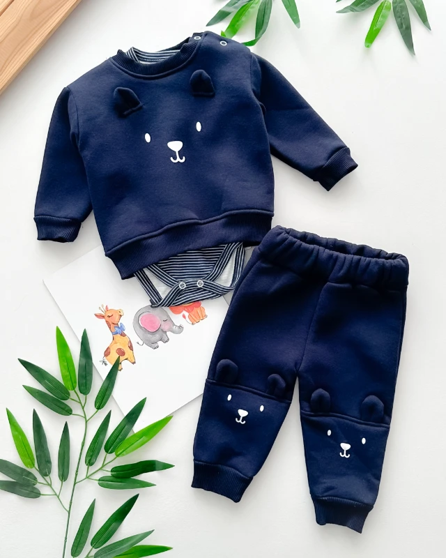 Şirin ayı surat kulak kabartmalı cizgili çıtçıt badili şardonlu kışlık 3 parça takım