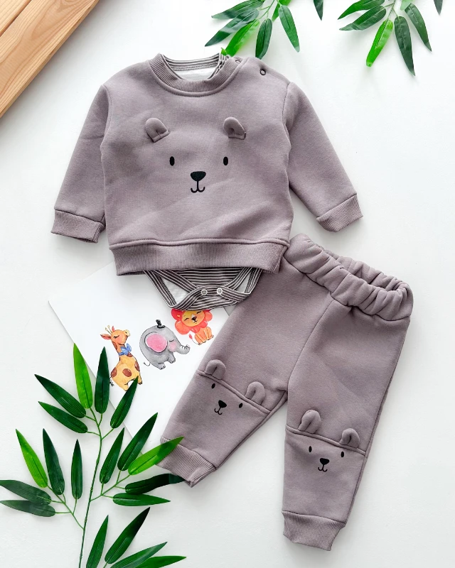 Şirin ayı surat kulak kabartmalı cizgili çıtçıt badili şardonlu kışlık 3 parça takım