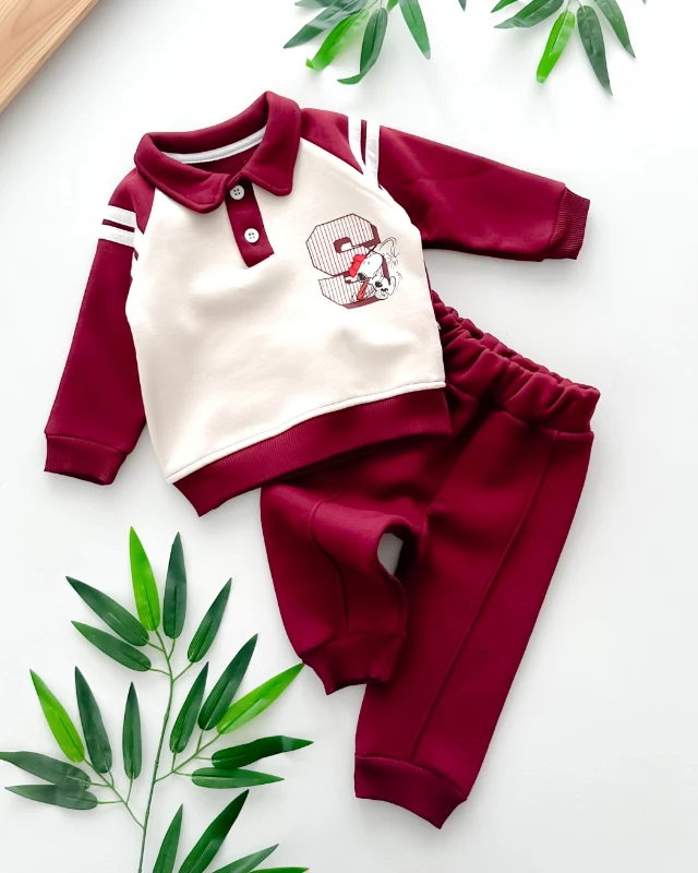 Snoppy baskılı kollarda çizgi detaylı gömlek yaka şardonlu 2 parça takım