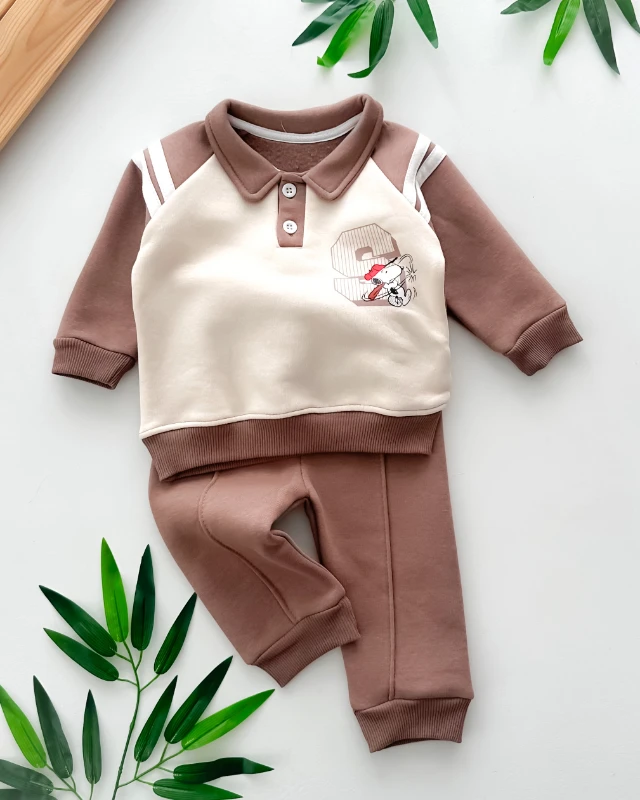 Snoppy baskılı kollarda çizgi detaylı gömlek yaka şardonlu 2 parça takım