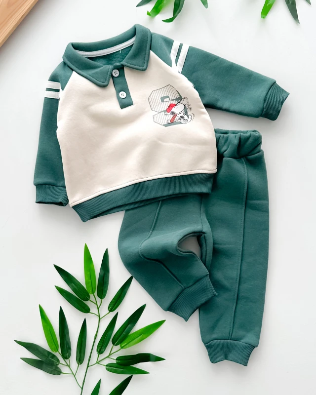 Snoppy baskılı kollarda çizgi detaylı gömlek yaka şardonlu 2 parça takım