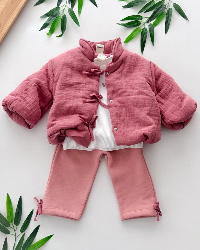 Bel ve kolları büzgülü kurdele detaylı içi astarlı ceketli kışlık 3 parça takım