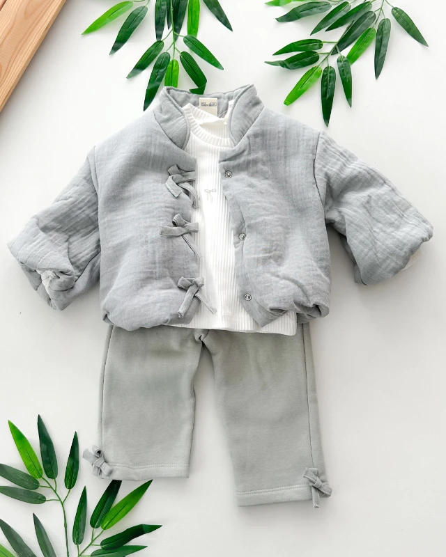 Bel ve kolları büzgülü kurdele detaylı içi astarlı ceketli kışlık 3 parça takım