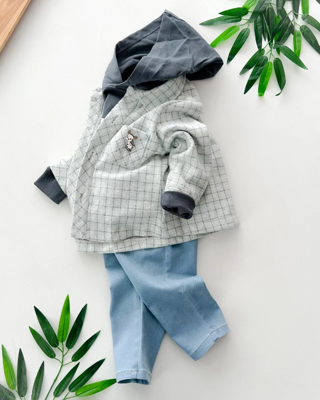 Ceylan armalı ekose gömlekli sweatshirt kot pantolonlu mevsimlik 3 parça takım