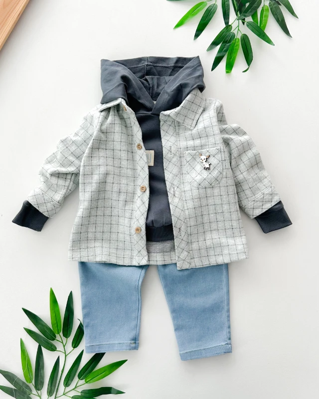 Ceylan armalı ekose gömlekli sweatshirt kot pantolonlu mevsimlik 3 parça takım