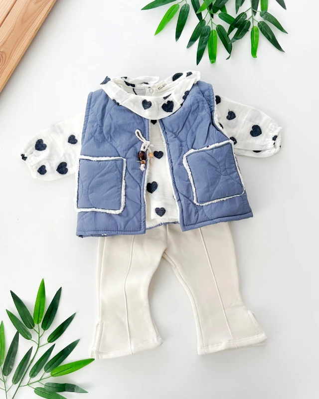 Çift cep detaylı kapitone yelekli ispanyol paça 3 parça takım