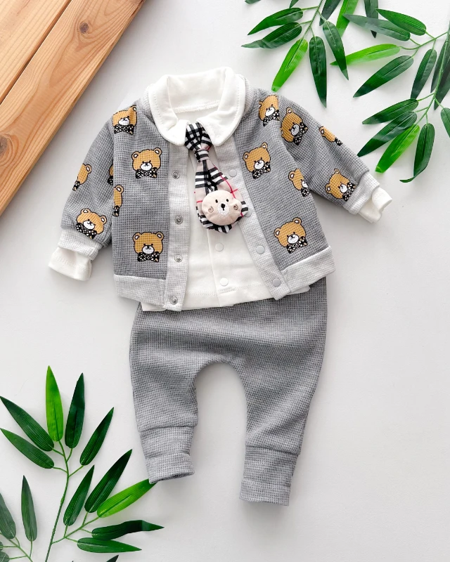 Kravatta ayıcık kabartmalı hırkalı waffle kumaş mevsimlik 4 parça takım