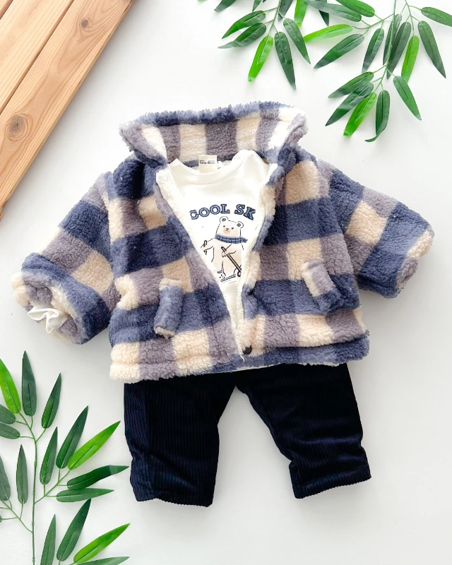 Minik kareler desen çeket içi kürklü kadife pantolonlu kışlık 3 parça takım
