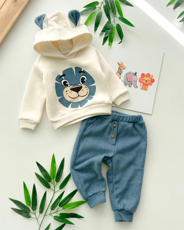 Mutlu aslan surat baskılı kapüşonda kulak detaylı kadife eşofmanlı 2 parça takım