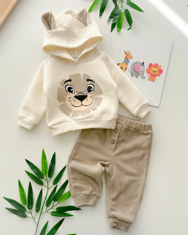 Mutlu aslan surat baskılı kapüşonda kulak detaylı kadife eşofmanlı 2 parça takım