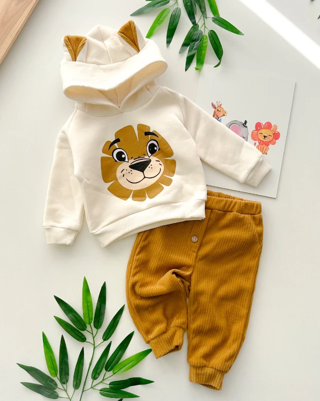 Mutlu aslan surat baskılı kapüşonda kulak detaylı kadife eşofmanlı 2 parça takım