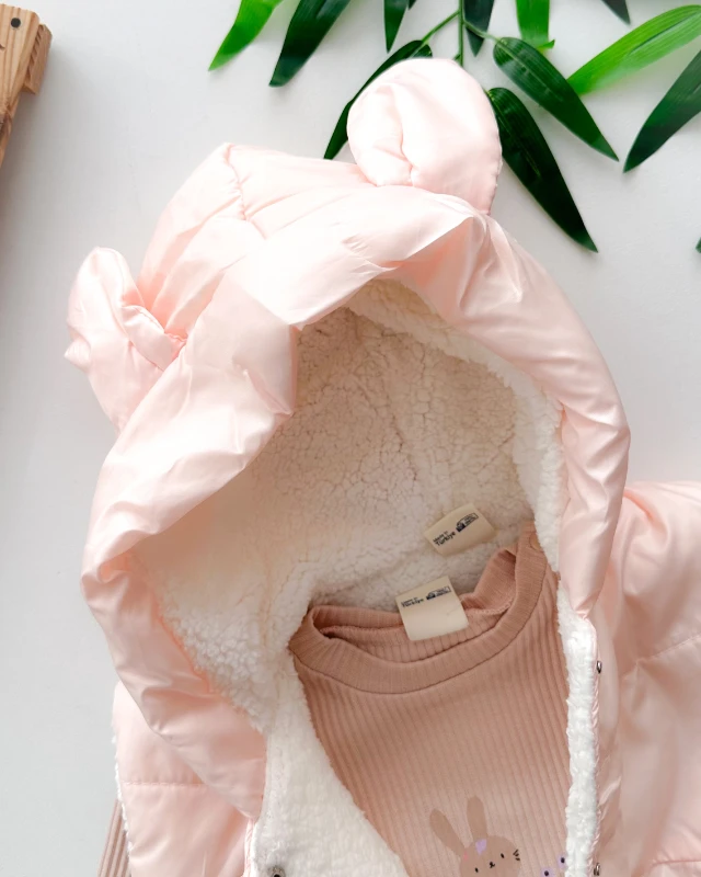 Peluş tavşan nakışlı şişme yelekli kışlık 3 parça takım