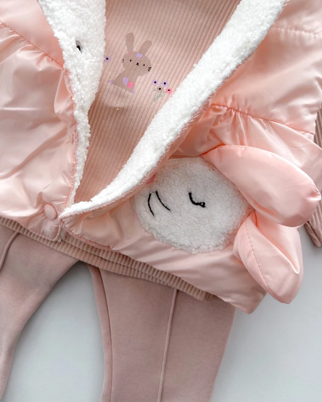 Peluş tavşan nakışlı şişme yelekli kışlık 3 parça takım