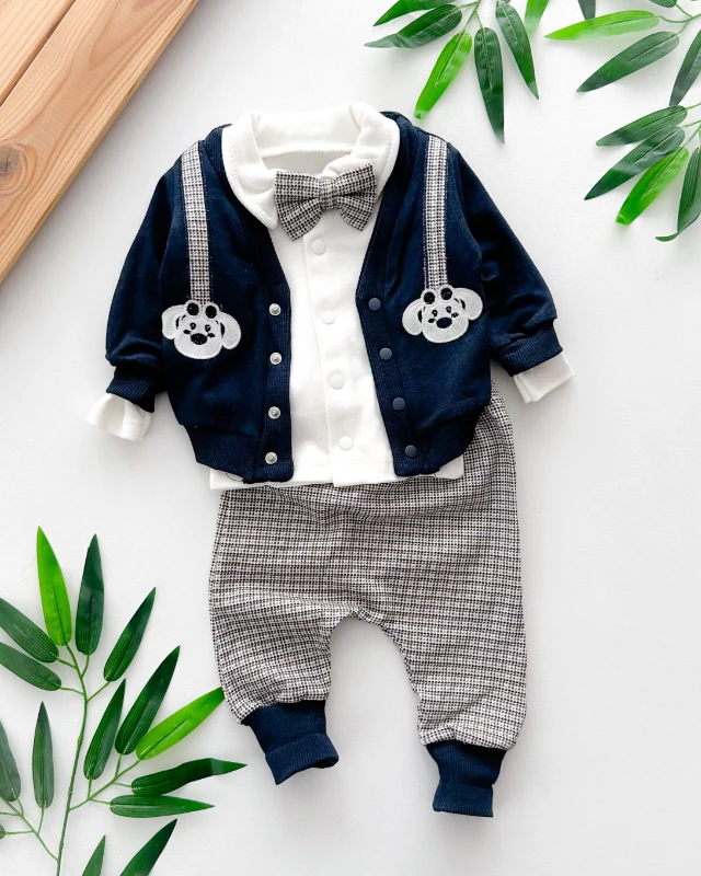 Sahte askı görünümlü ekose desenli papyonlu hırkalı mevsimlik 4 parça takım