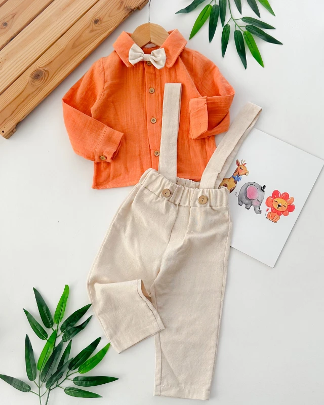 Cool tarz ahşap düğmeli papyonlu keten kumaş mevsimlik 3 parça takım 