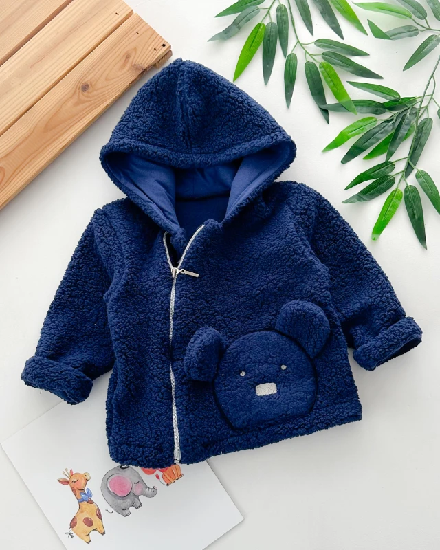 Kulaklı bear face detaylı yandan fermuarlı kapüşonlu peluş hırka