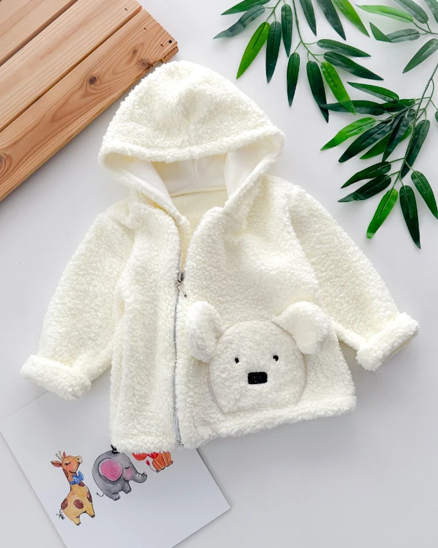 Kulaklı bear face detaylı yandan fermuarlı kapüşonlu peluş hırka