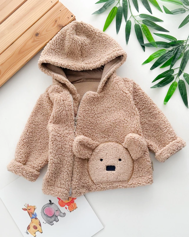 Kulaklı bear face detaylı yandan fermuarlı kapüşonlu peluş hırka