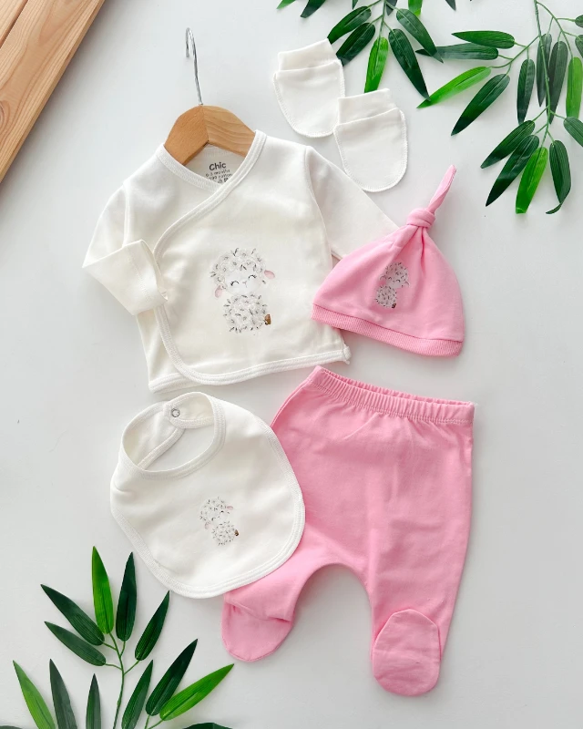 Çiçekli kuzucuk baskılı yandan çıtçıtlı 5 parça mevsimlik yenidoğan set