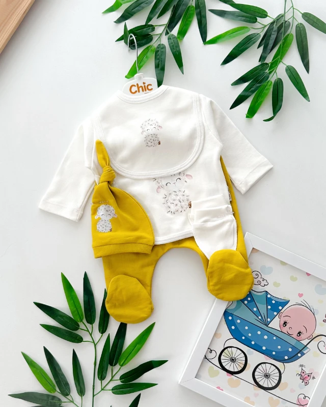 Çiçekli kuzucuk baskılı yandan çıtçıtlı 5 parça mevsimlik yenidoğan set