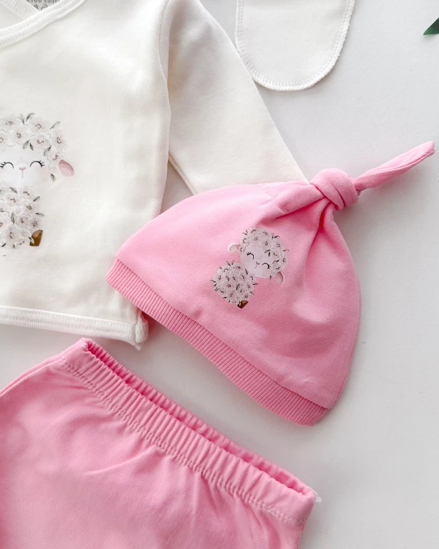 Çiçekli kuzucuk baskılı yandan çıtçıtlı 5 parça mevsimlik yenidoğan set