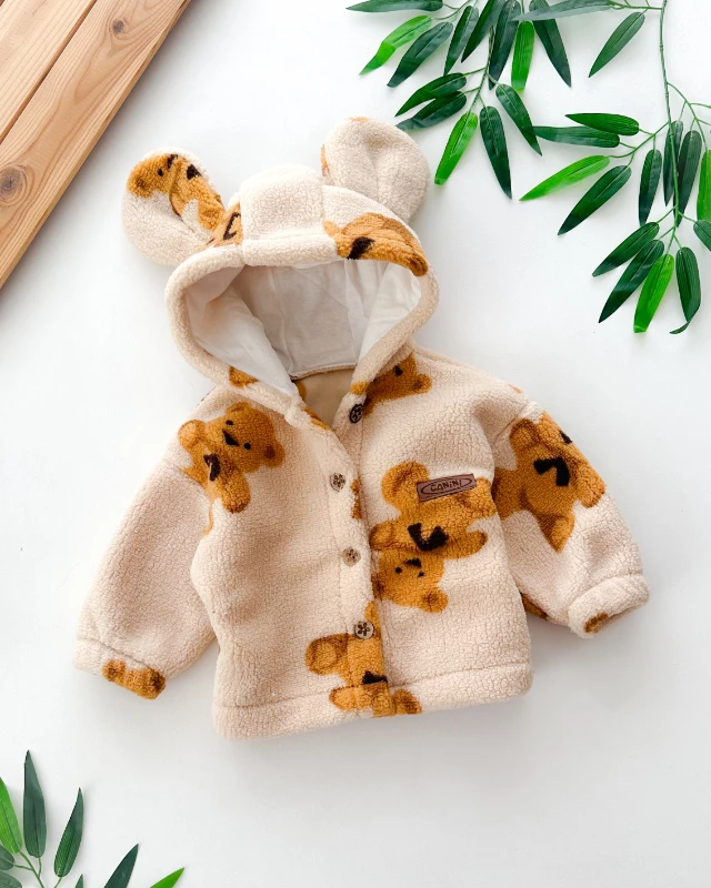 Deri armalı ayıcık kulaklı önden düğmeli peluş kışlık hırka 