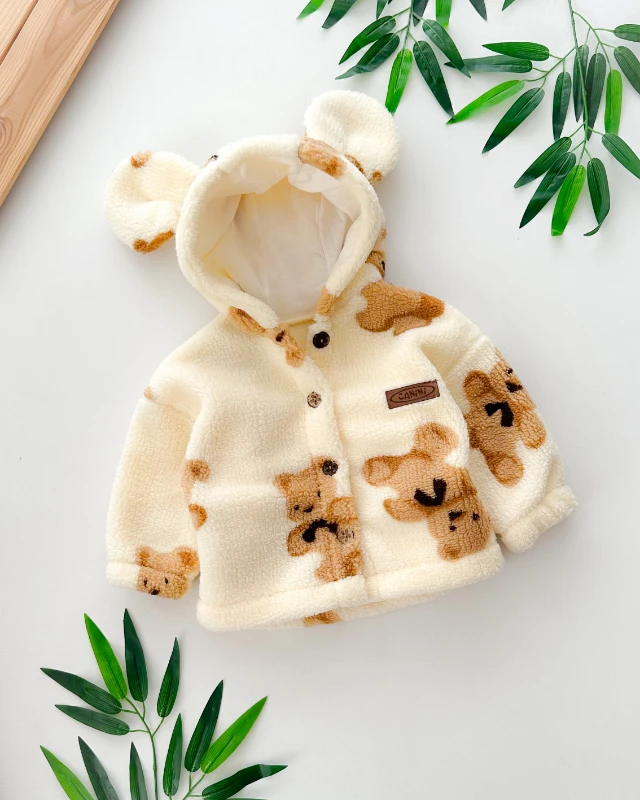 Deri armalı ayıcık kulaklı önden düğmeli peluş kışlık hırka 