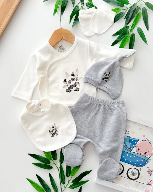 Minik sevimli panda yandan çıtçıtlı mevsimlik yenidoğan 5 parça set