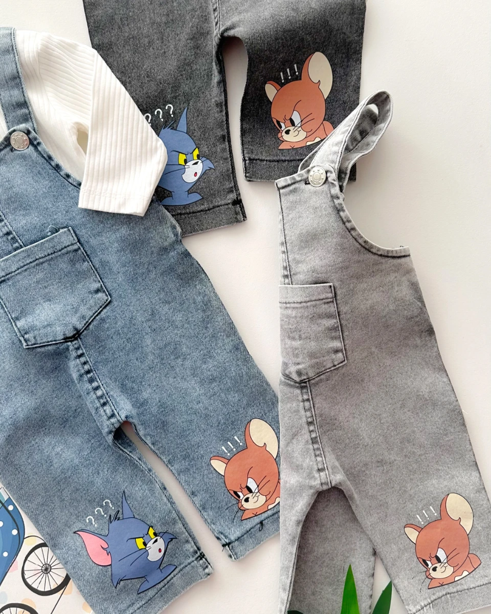 Fare kedi baskılı fitilli kumaş badili mevsimlik kot salopet set