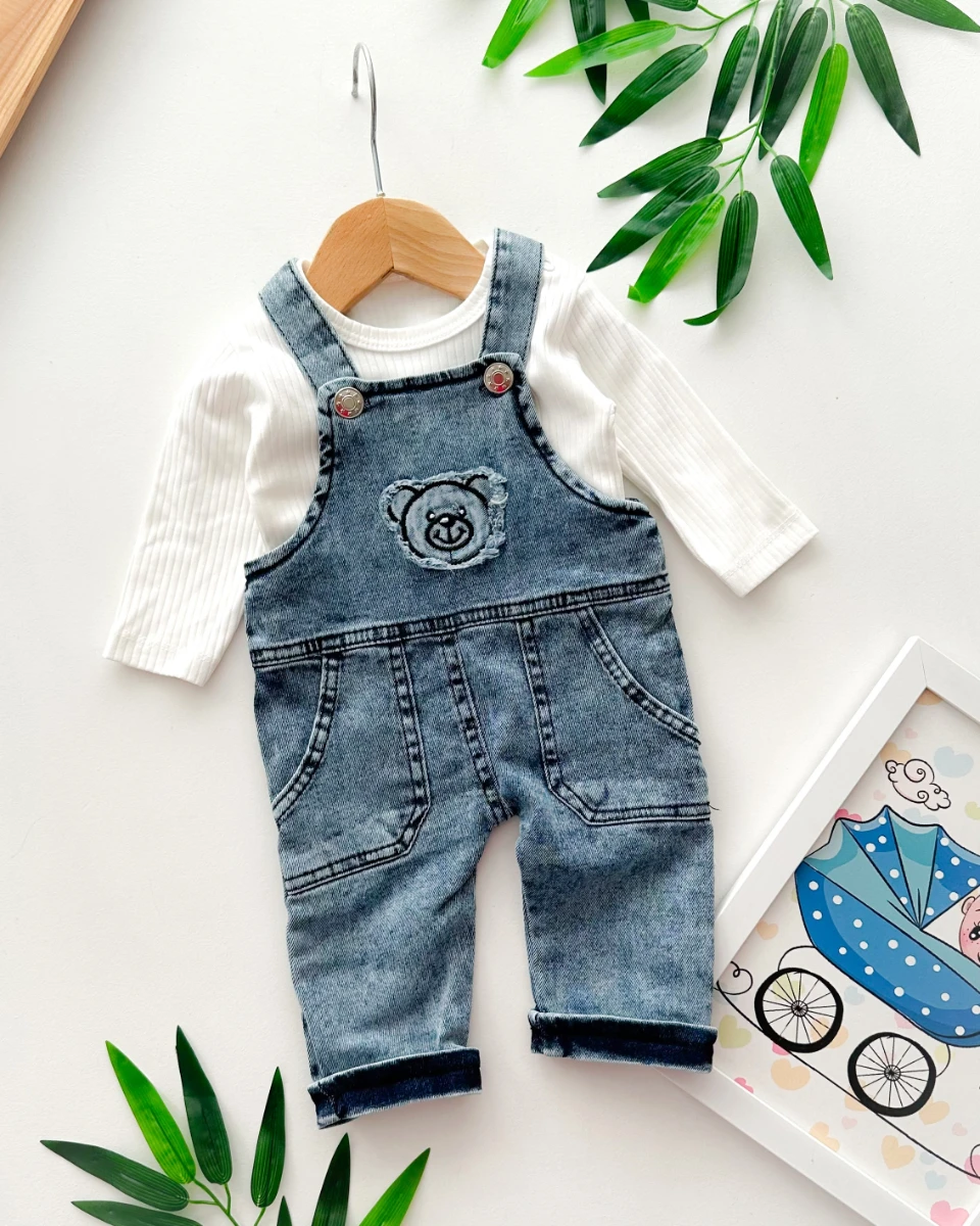 Mutlu bear nakışlı çift cepli fitilli kumaş badili mevsimlik kot salopet set  