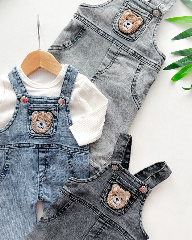 Ayıcık kabartmalı sahte cep görünümlü fitilli kumaş badili mevsimlik kot salopet set