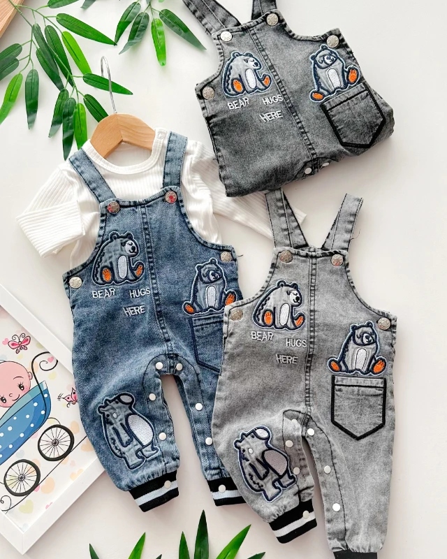 Bear hugs here nakışlı alttan çıtçıtlı fitilli kumaş badili mevsimlik kot salopet set