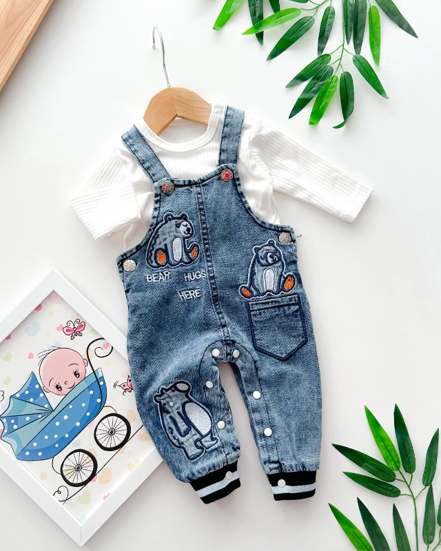 Bear hugs here nakışlı alttan çıtçıtlı fitilli kumaş badili mevsimlik kot salopet set