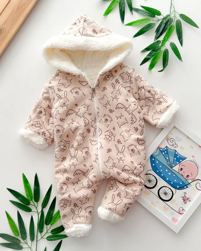 Dallar ve hayvanlar desen polar içi kürklü kapüşonlu boydan fermuarlı kışlık tulum