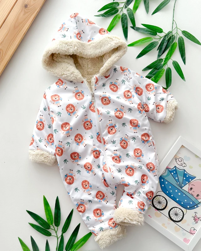 Dondurmalı aslan baskılı boydan fermuarlı kapüşonlu kışlık welsoft tulum