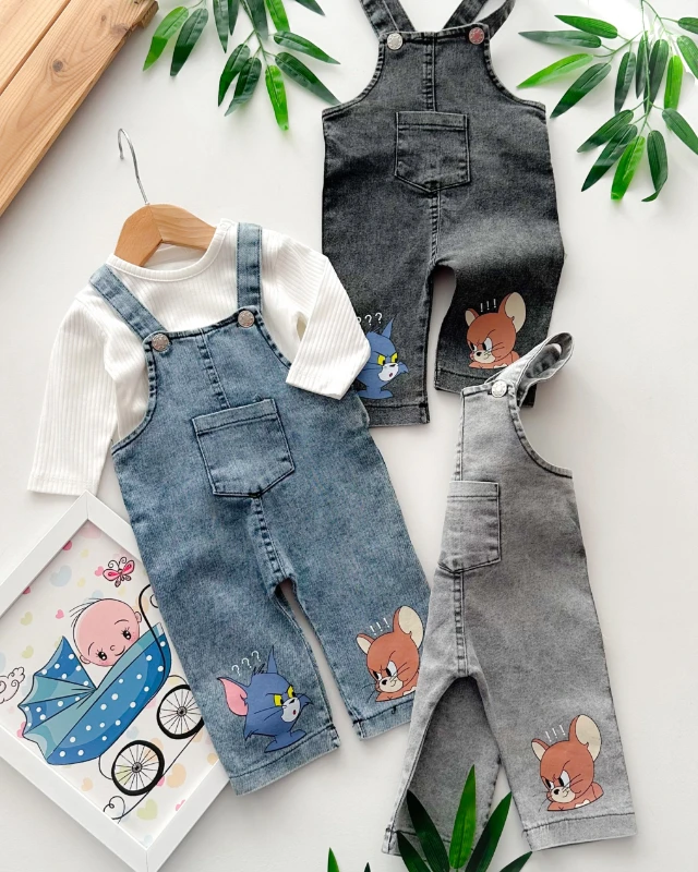 Fare kedi baskılı fitilli kumaş badili mevsimlik kot salopet set