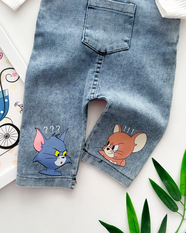 Fare kedi baskılı fitilli kumaş badili mevsimlik kot salopet set