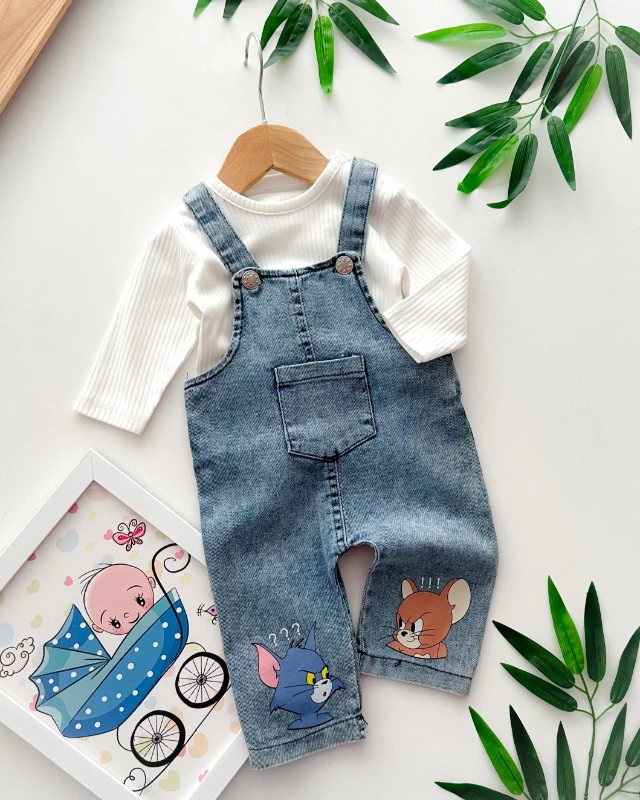 Fare kedi baskılı fitilli kumaş badili mevsimlik kot salopet set