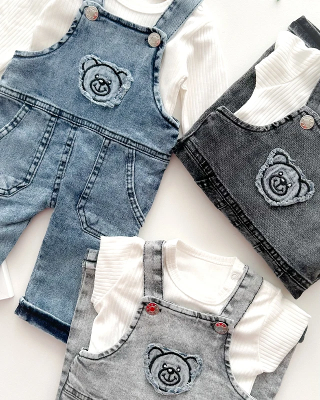 Mutlu bear nakışlı çift cepli fitilli kumaş badili mevsimlik kot salopet set 