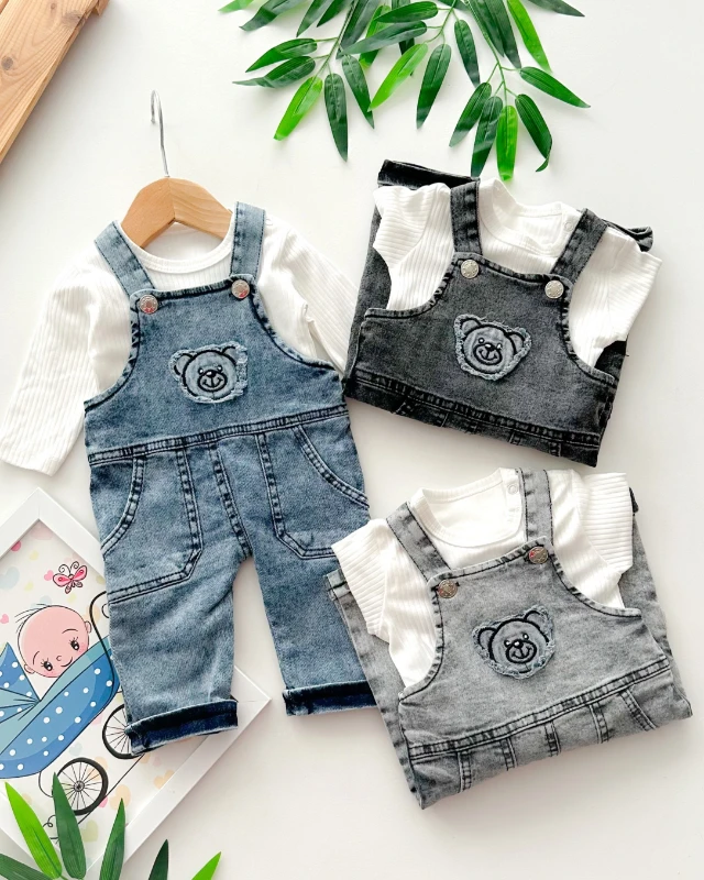 Mutlu bear nakışlı çift cepli fitilli kumaş badili mevsimlik kot salopet set 