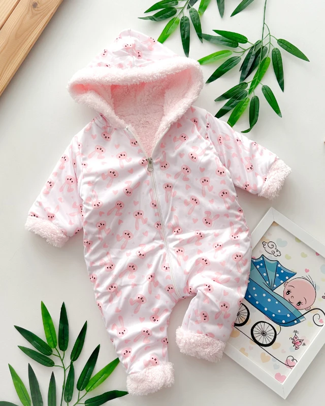 Pembe tavşanlar baskılı boydan fermuarlı içi kürklü kışlık welsoft tulum