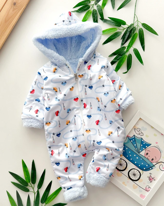 Yollar ve arabalar baskılı boydan fermuarlı içi kürklü kışlık welsoft tulum