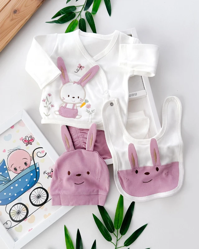 Havuç tutan tavşancık yandan çıtçıtlı mevsimlik yenidoğan 5 parça set