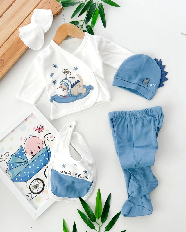 Uyuyan sevimli dinozor baskılı yandan çıtçıtlı mevsimlik yenidoğan 5 parça set