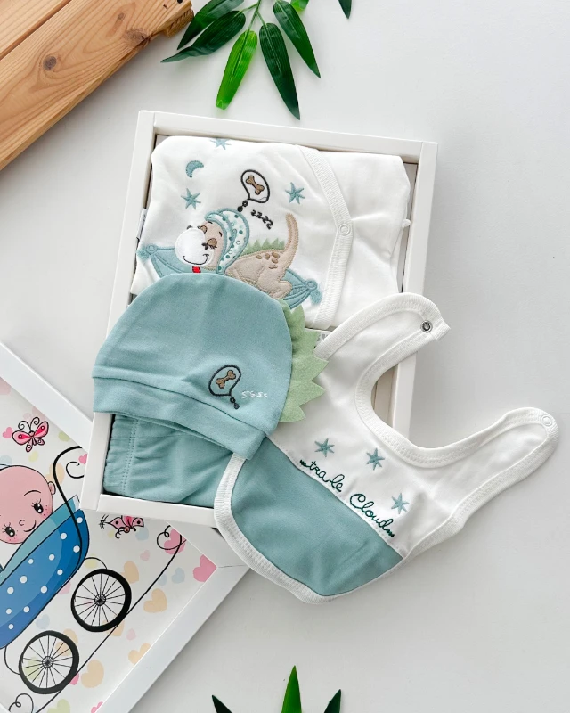 Uyuyan sevimli dinozor baskılı yandan çıtçıtlı mevsimlik yenidoğan 5 parça set