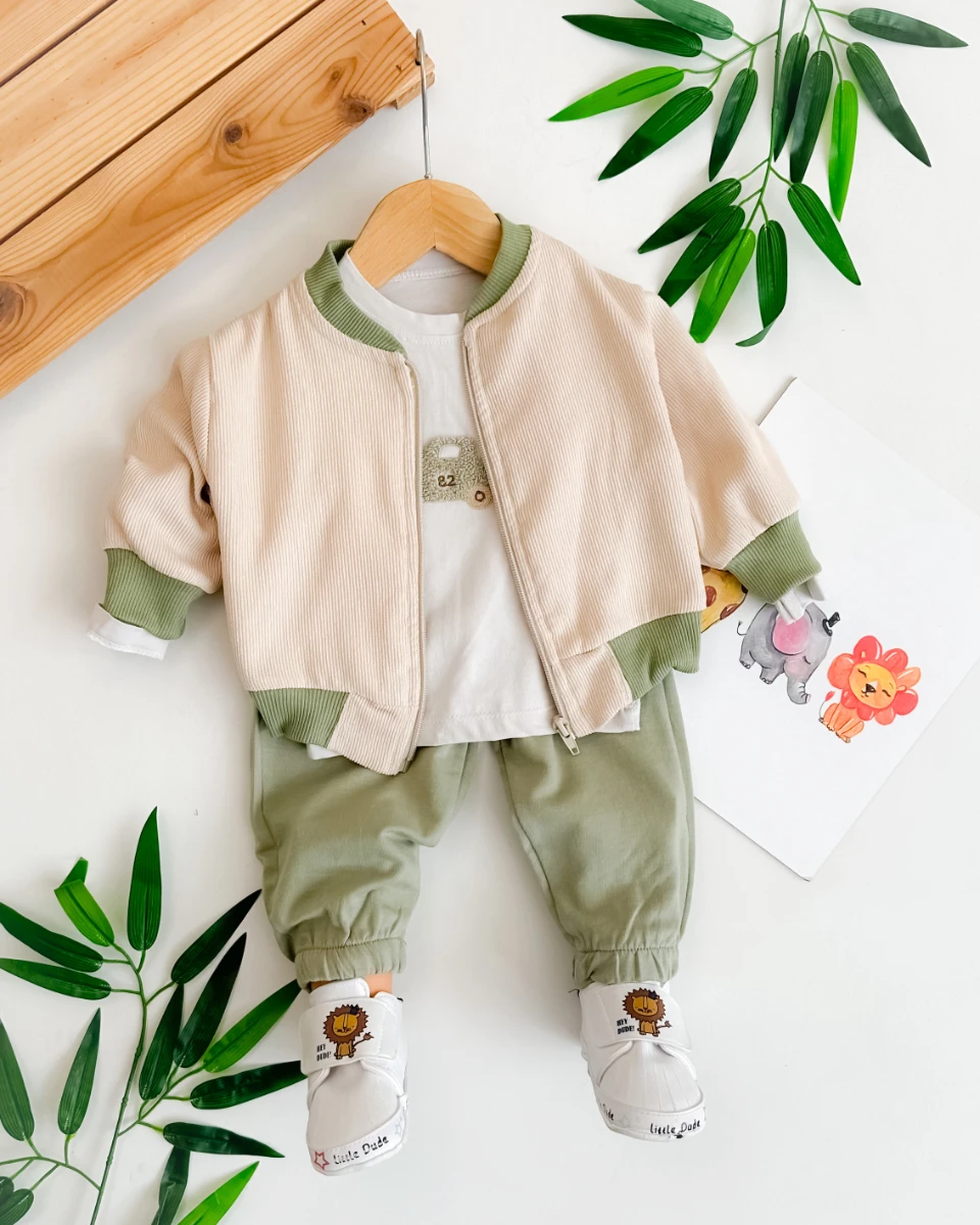 Hakim yaka hırkalı araba punch detaylı mevsimlik 3 parça takım