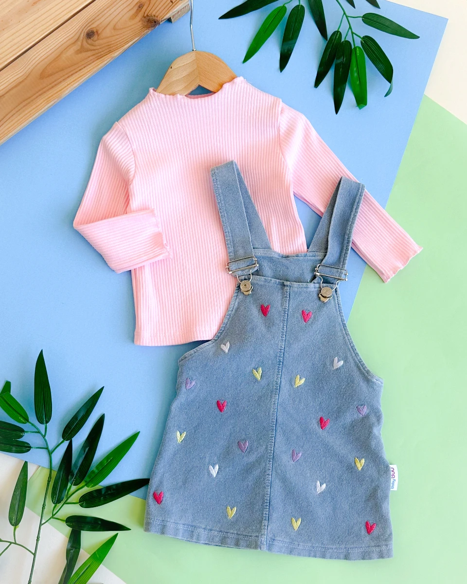 Sevimli kalp işlemeli  balıkçı yaka fitilli kumaş mevsimlik kot 2 parça salopet elbise set